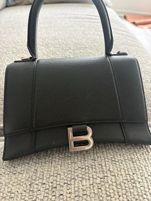 Balenciaga Hourglass Black Top Handle Bag Silver Hardware Logo Accent