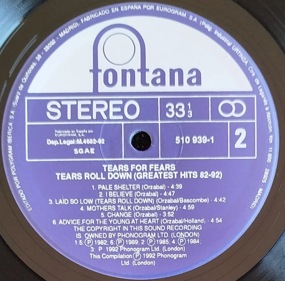 TEARS FOR FEARS " TEARS ROLL DOWN (GREATEST HITS 82 - 92) " SPANISH ISSUE LP - Image 4 of 4