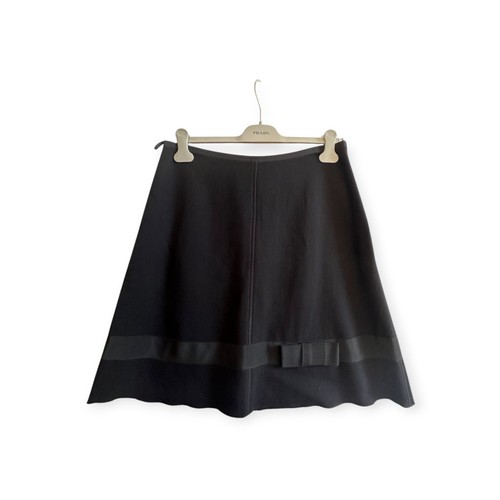 Prada, Prada Black Wool A-Line Skirt IT 46 / US 10 Ribbon Bow Trim Made in Italy
