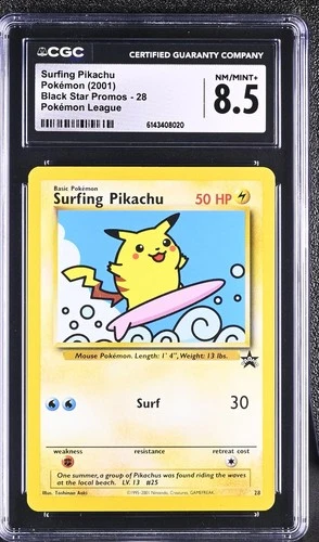 2001 Pokemon Black Star Promos Surfing Pikachu Pokemon League #28 CGC 8.5