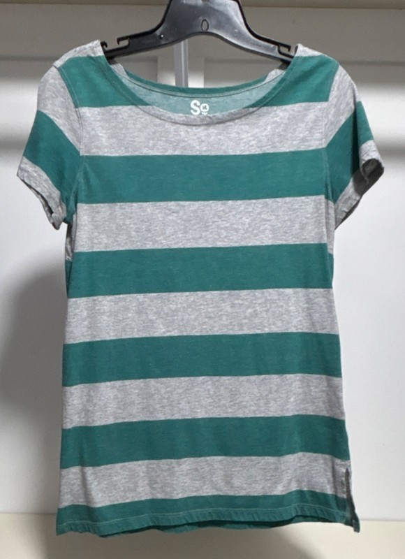 SO Striped Green Gray Girls Short Sleeve Round Neck T-Shirt S
