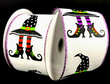 Halloween 2.5" by 6 yds Wired Ribbon Patterned Iridescent Witch Hats Witch Legs