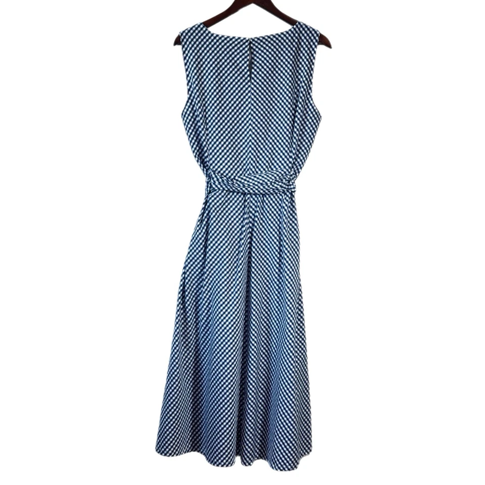 Vestido de verão vintage maxi midi Gingham azul e branco xadrez bolsos frontais amarrar tamanho 14 - Imagem 3 de 4