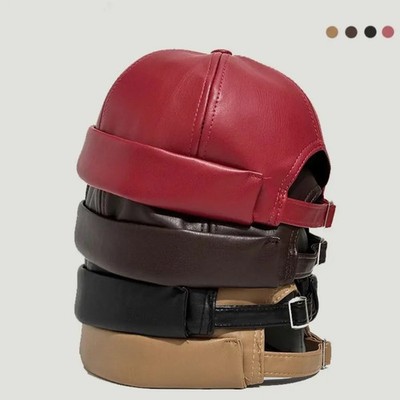 Faux Leather Brimless Docker Hat Unisex Solid Adjustable Winter Warm Melon Cap