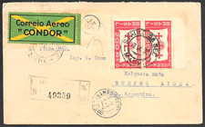 Copertina Posta Aerea Registrata Brasile, Etichetta Aereo CONDOR, da San Paolo all'Argentina 1933