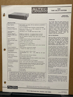 Owner Operating Instruction Manual ~ Altec 1640 Time Delay System | eBay