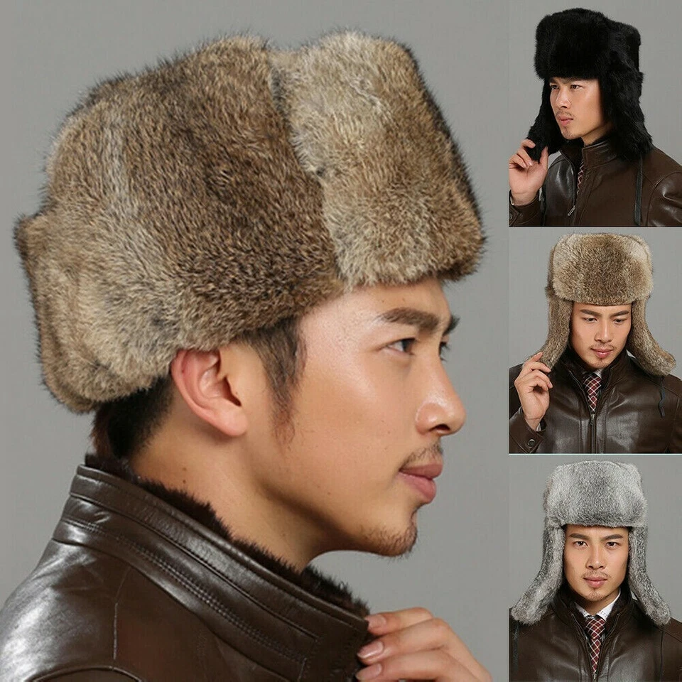 Herren Hase Pelz Russischer Kosake Hut Trapper Hut Ushanka Aviator Ski Kappe - Bild 1 von 4