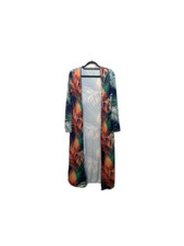 EXQUISITE Womens S Navy Longline Kimono Duster Tropical Hawaiian Lightweight