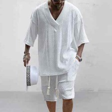 Men's 2 Piece Knitted Set Summer Rolled Sleeve Short sleeve Shirt and Shorts Set
