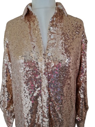 Wander Doll Oversized Gold Glitter Sequin Mini Shirt Dress Size 6 - Picture 2 of 5