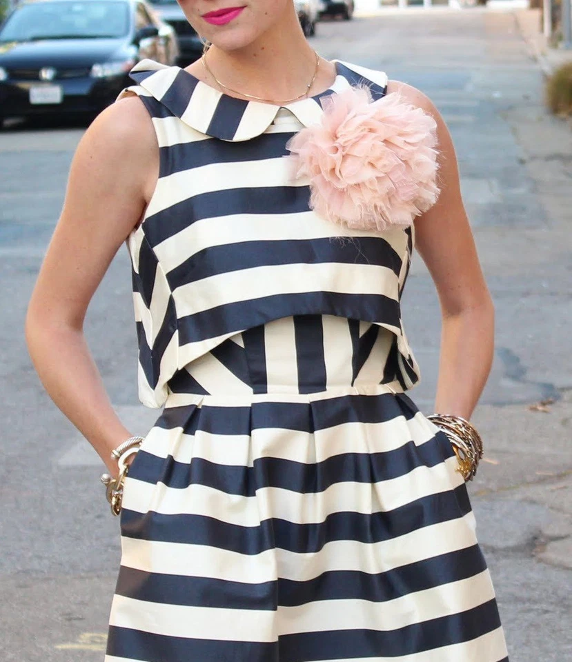 ASOS Azul Marino Crema Náutico de Rayas Corte Peter Pan Cuello Vestido 10 6 38 - Imagen 2 de 4