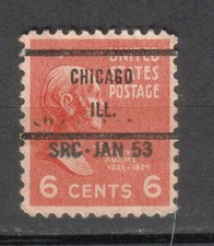 USA stamp 6 cent prexy Scott 811 John Quincy Adams precancel Chicago SRC Jan 53