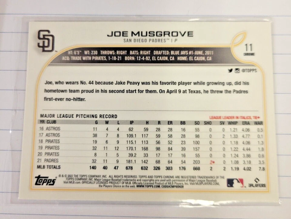 2022 Topps Chrome Wave Refractor Parallel #11 Joe Musgrove - Image 2 of 2