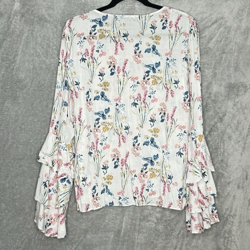 Chelsea & Theodore XL Top Shirt White Floral Flower Scoop Neck Bell Long Sleeve - Picture 5 of 7
