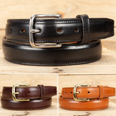 Amish Handmade Italian Leather Raised Center Dress Belt - Black Brown or Cognac