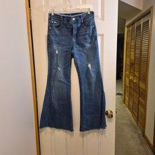 Pilcro and the Letterpress High Rise Flare Jeans Distressed Raw Hem Blue Size 27