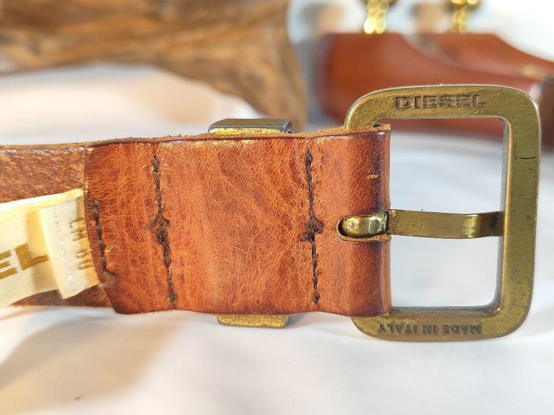 Diesel Men Vintage Logo Belt GOLD Square Buckle Camel Brown Diesel Men Vintage Logo Belt GOLD Square Buckle Camel Brown