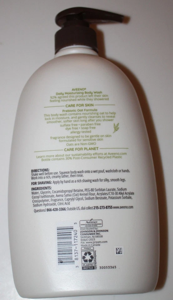 Jabón corporal hidratante diario Aveeno 33 fl oz 975 ml aroma ligero sin sulfato Foto 2 de 2