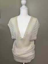 Open Knit Deep V-Necline Short Sleeve Sweater Size L 1111