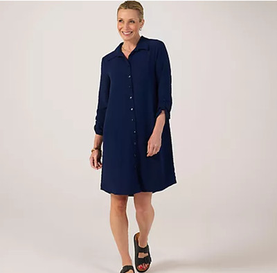 Kim & Co Hemdblusenkleid Crinkle Popeline 3/4 Riegelärmel Navy Neu Größe L Regular