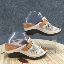 Spring Step Sandals Womens 38 Momelle Mule Cream Perforated Peep Toe Wedge Heels