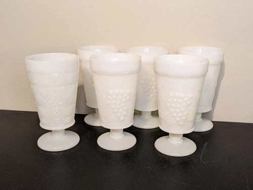 Vintage Anchor Hocking Grape Milk Glass Goblets 6 Inch Footed  Set of 5 + 1