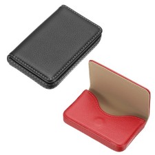 PU Leather Business Card Holder, 2Pcs Card Case with Magnetic, Black/Red