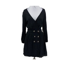 Amuse Society Faux Wrap Lined Dress Coverup Small Black Swiss Dot Long Sleeve