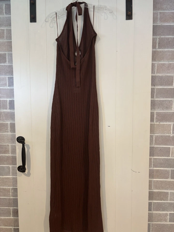 Kookai Samara Maxi Dress Size AU 12 Pecan Halter Tie Neck Crochet Knit NWT - image 4 of 4