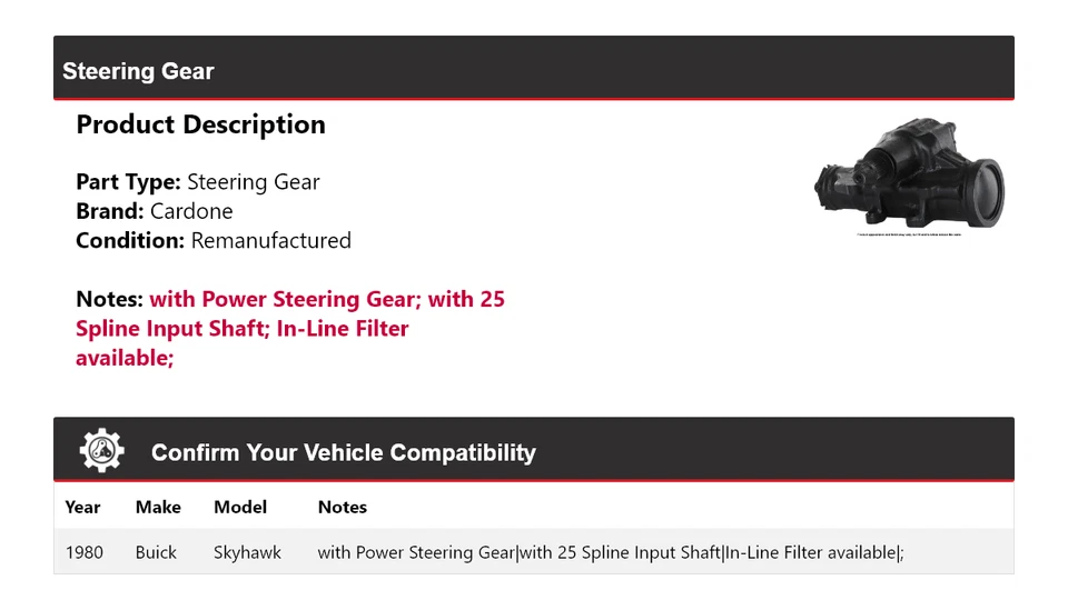 Engranaje de dirección Cardone para Buick Skyhawk 1980 Foto 2 de 4