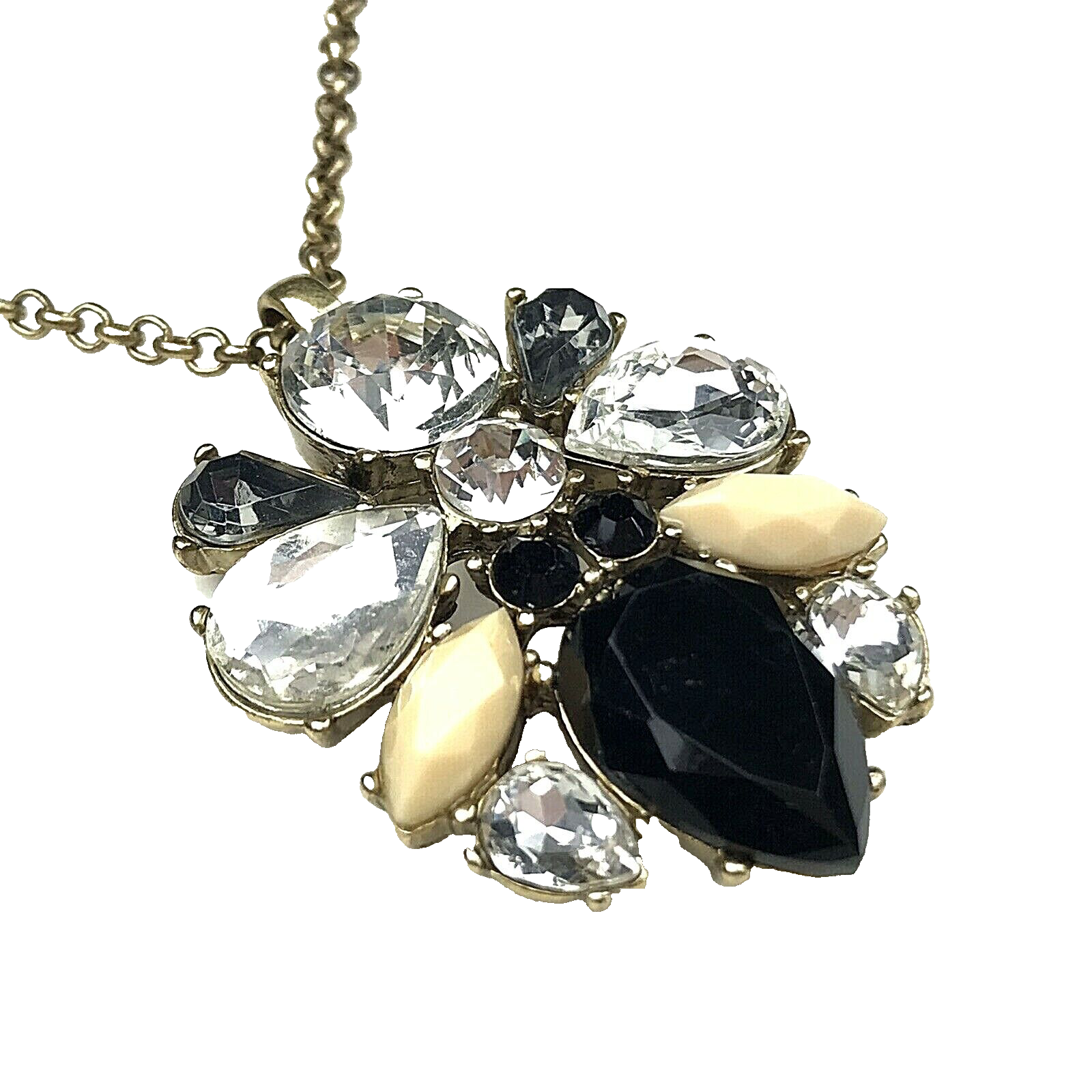J CREW Pendant Necklace Antiqued Gold Tone Crystals Black Clear Tan