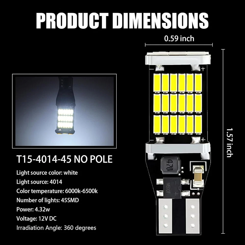Lâmpadas de LED de reserva reversa T15 921 912 W16W 916 6000K branco super brilhante - Imagem 2 de 4
