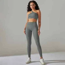 MANON ROSA Ribbed 2 Pc One Shoulder Top & Legging Yoga Workout Set GRAY Size M