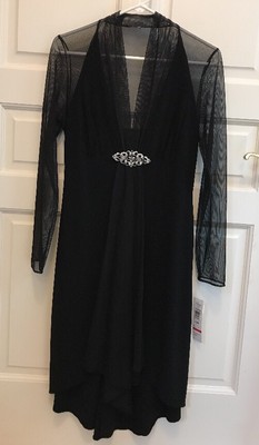 Onyx Nite Formal Black Dress~Sheer Long Sleeves~Women's 8~Rhinestone Brooch NWT