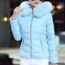 Lady Faux Fur Hooded Jackets Quilted Padded Puffer Bubble Coat Parka Winter Warm