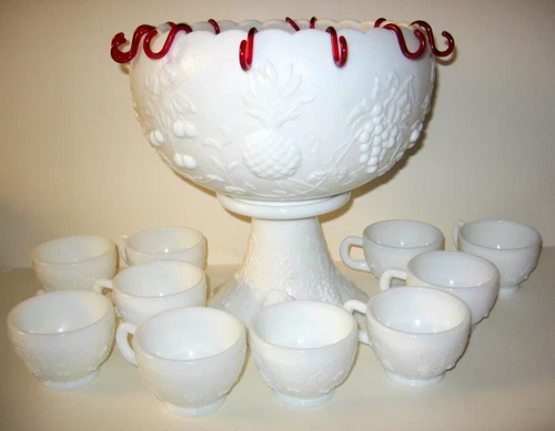 Vintage Westmoreland Milk Glass Three Fruit Pineapple Punch Bowl Set, 10 Cups
