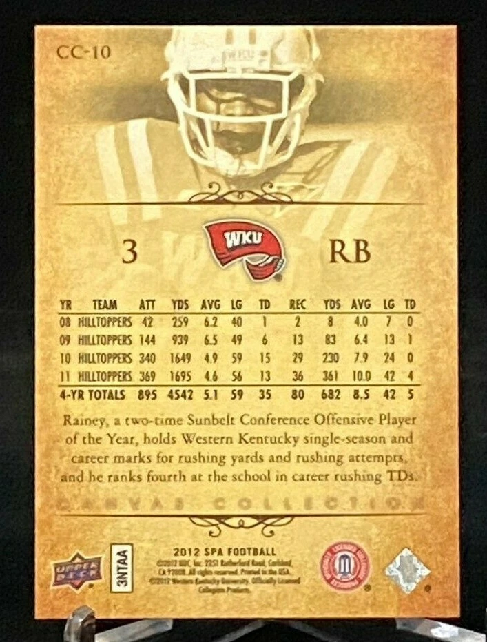2012 SP Authentic Canvas Collection #CC-10 Rookie Bobby Rainey WKU Hilltoppers - Image 2 of 2