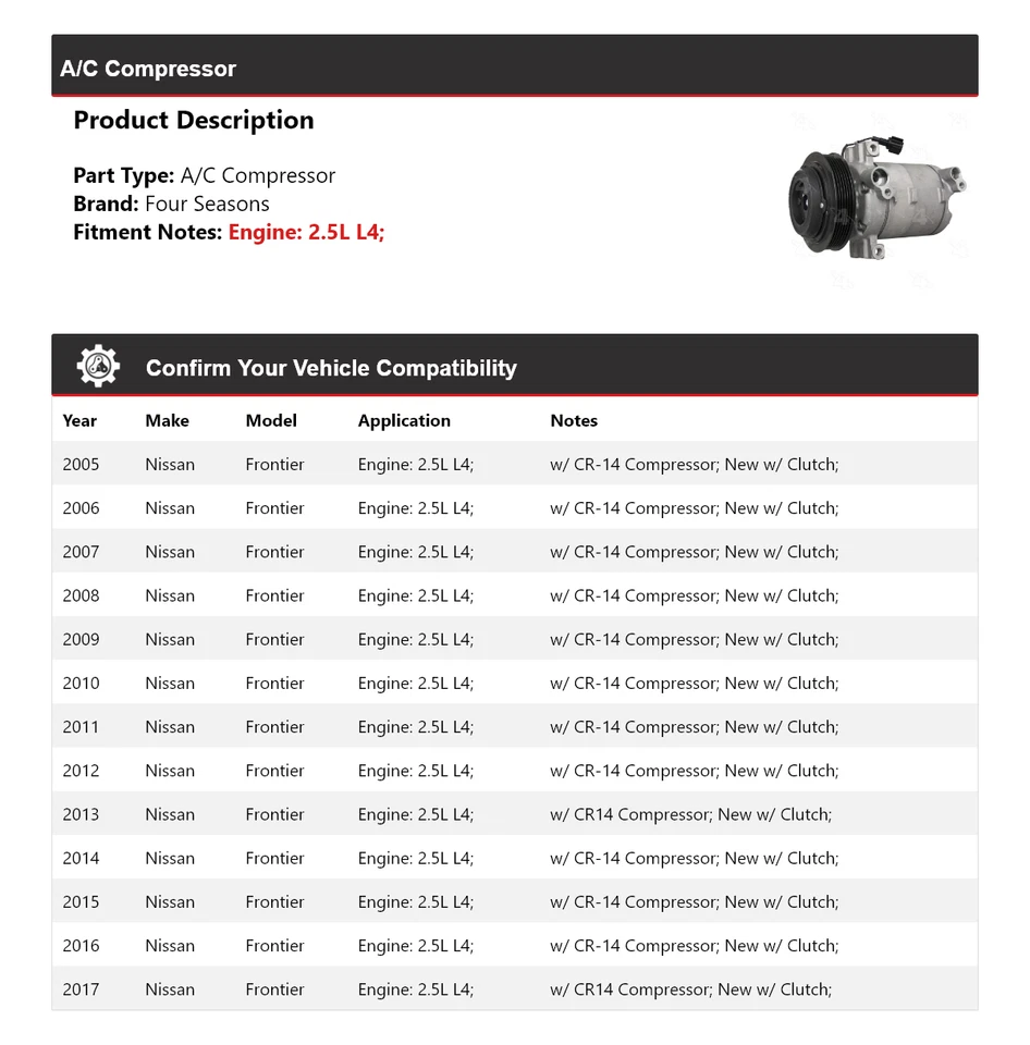 Compresor de aire acondicionado Nissan Frontier 2005-2017 2,5 L L4 4 estaciones 2006 2007 2008 Foto 2 de 4
