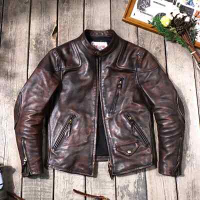 Men's Vintage Washed Teacore Horsehide Stand Collar Leather Jacket