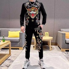 New Men Luxury Diamond Tiger Rhinestones Black Hoodie Pants Fashion Tracksuit