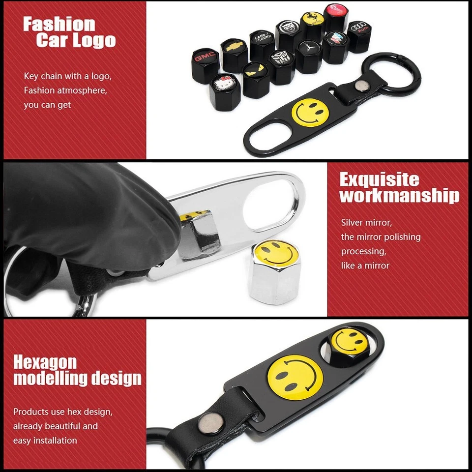 4x Universal Negro Blanco Rueda Neumático Válvula Polvo Vástago Tapa Aire Cubierta + Llavero Foto 3 de 4