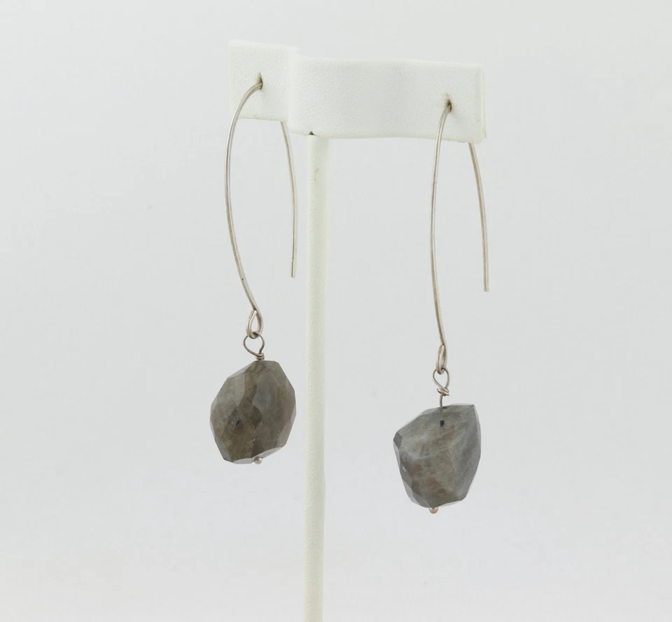 Sterling Silver Natural Labradorite Earrings Dangle Drop 2 3/4" x 5/8" - Image 3 of 4
