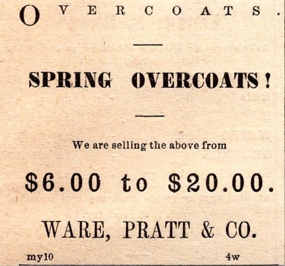 Ware Pratt & Co. Spring Overcoats 1871 Worcester MA Clipping TAJ8-S56