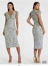 Mac Duggal Slate Blue Floral Embellished Flutter Cap Sleeve Dress Size 8 $498