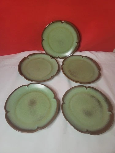 5 Frankoma Pottery Plainsman Prairie Green Dessert Plates 5GS Scalloped