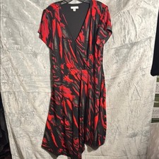 Halston womens dress size large midi red, Black faux wrap dress asymmetric hem