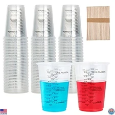 100 Pack 8 oz Disposable Plastic Measuring Cups & 100 Wooden Mixing Sticks