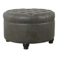 HomePop Round Traditional Wood and Faux Leather Large Storage Ottoman in Gray