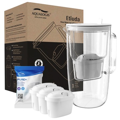 Aqualogis Glas Wasserfilterkanne weiß 2,9L inkl. 3x Pure+ passend für Maxtra Pro