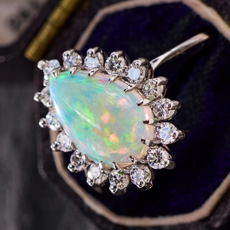 Anello da cocktail con pietre preziose opali naturali da donna e anello in... - Immagine 2 di 4